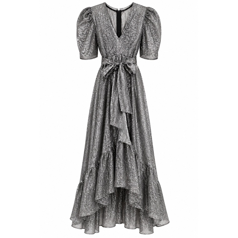 Hunter Bell Metallic Ruffle Midi Dress Silver Puff Sleeve High Low Belted 2